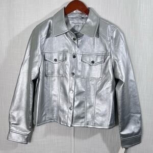Kenneth Cole NWT Faux Leather Metallic Silver Trucker Jacket Size M